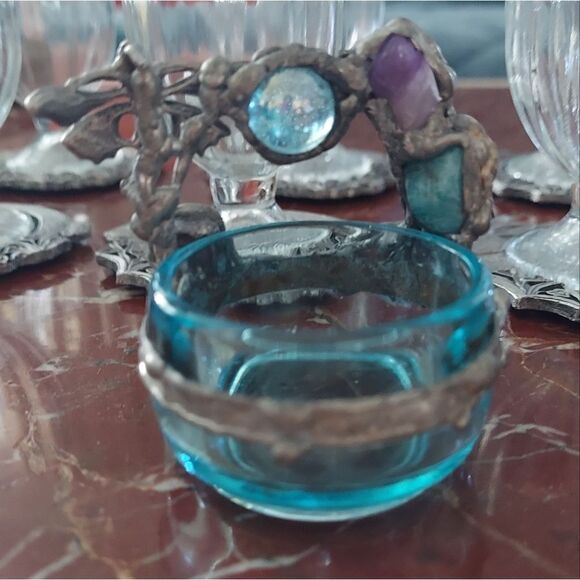 Vtg Handforged Trinket Dish Rustic Semi Precious Stones Fairy Art - Picture 5 of 8